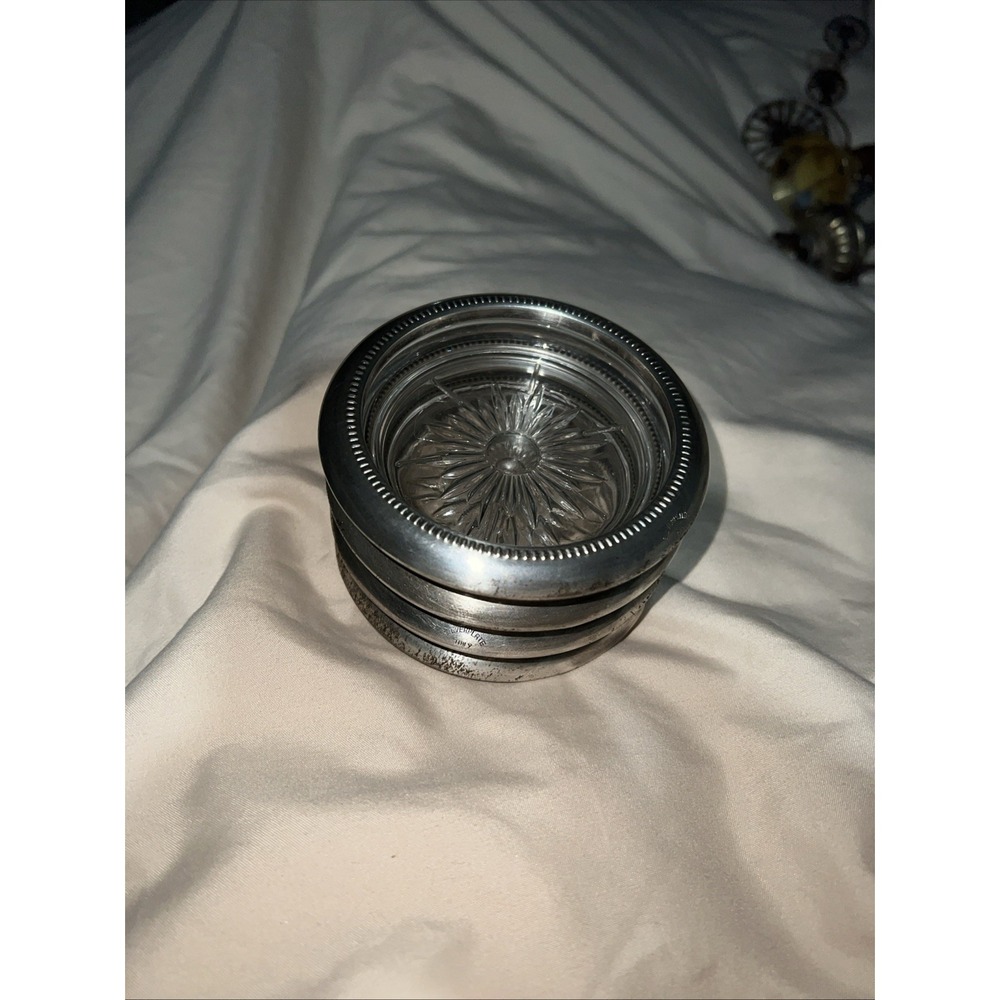 Vintage Leonard Starburst Silverplate & Glass Coasters - Set Of 4